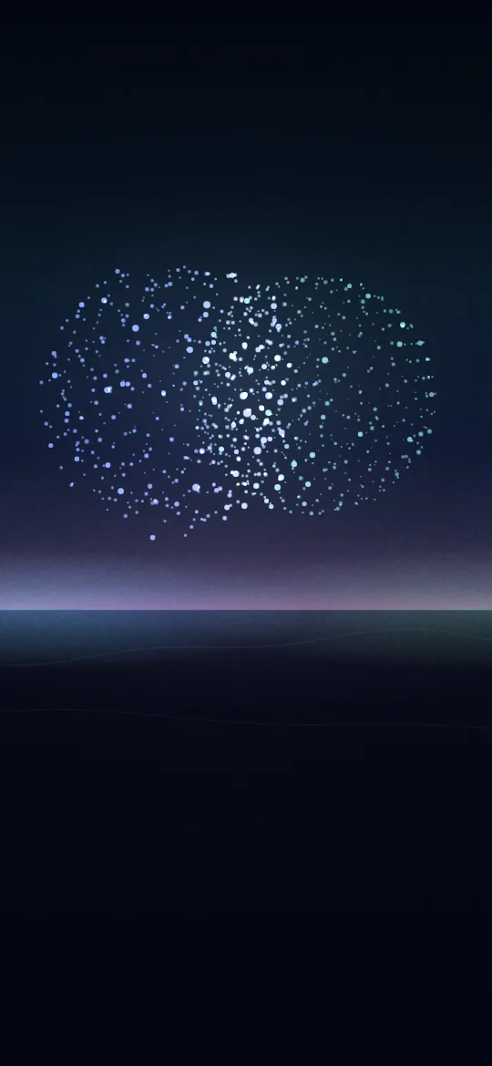 Mindfuse during a call: two clouds of light, one soft blue and one green, glow in turn as each voice speaks, above a violet horizon. No profiles, no photos.