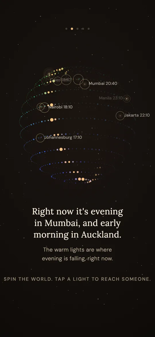 Mindfuse's world chapter: a globe of city lights labelled with their local times. Right now it's evening in Mumbai, and early morning in Auckland.