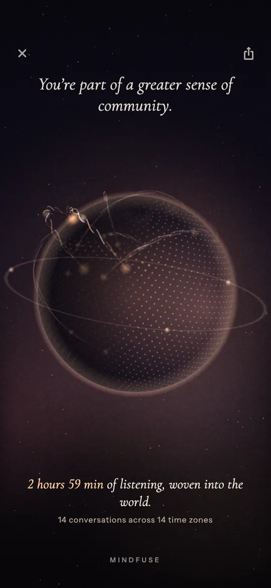 The Woven World after a call: your globe of light turns, wrapped in a thread for every conversation. You're part of a greater sense of community.