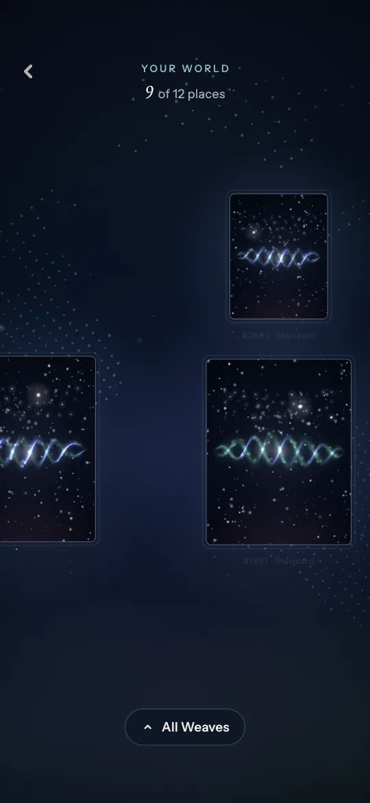 Your world: the Weaves from your conversations hang around you in the night sky, nine of twelve places filled.