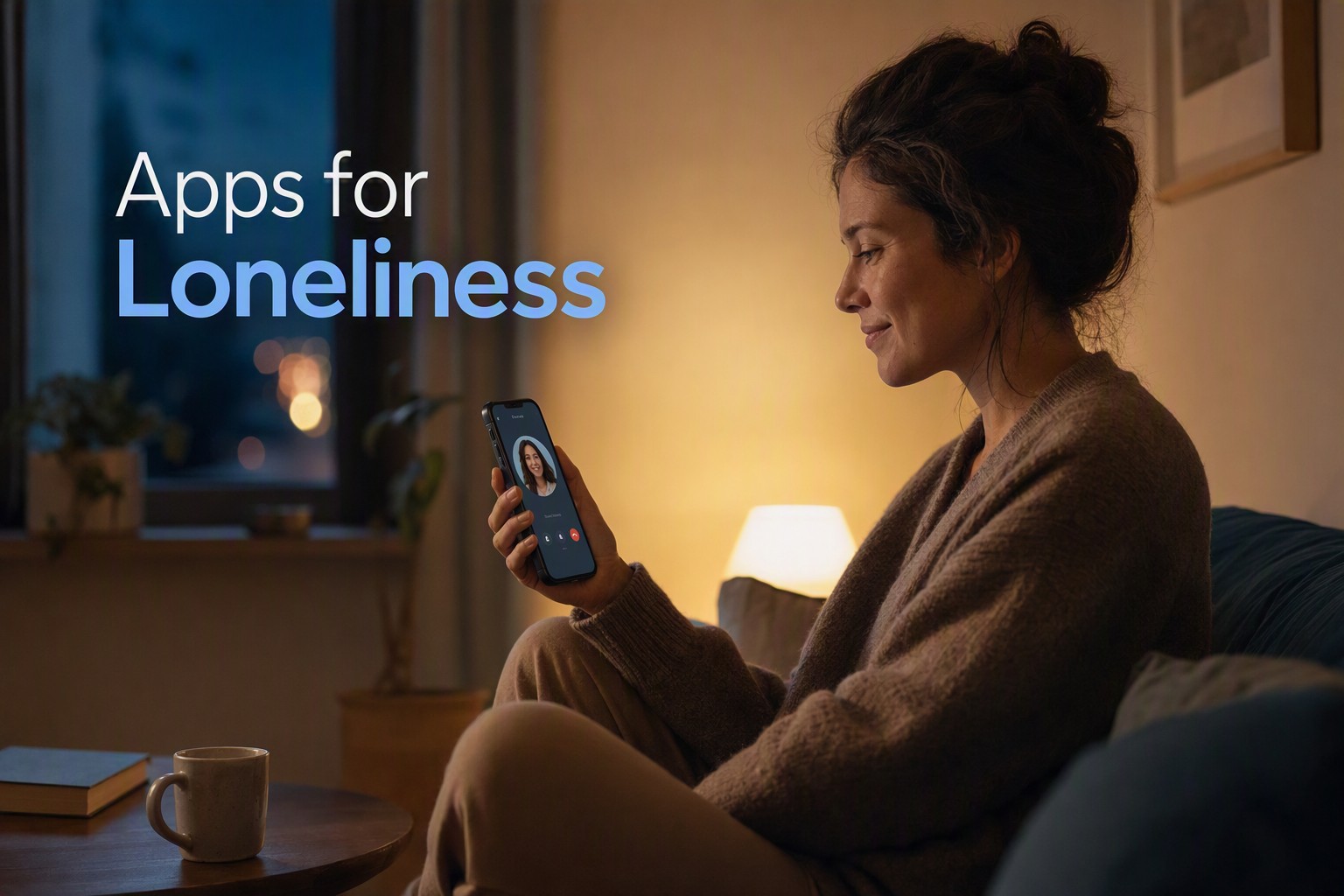 A person sitting alone at home in the evening, on a voice call with a stranger for company.