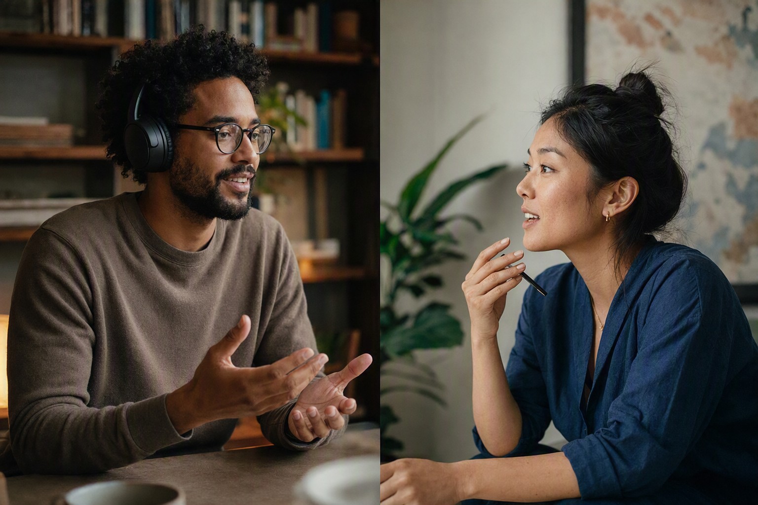 Two people deep in a long, thoughtful voice conversation with coffee and notebooks at hand