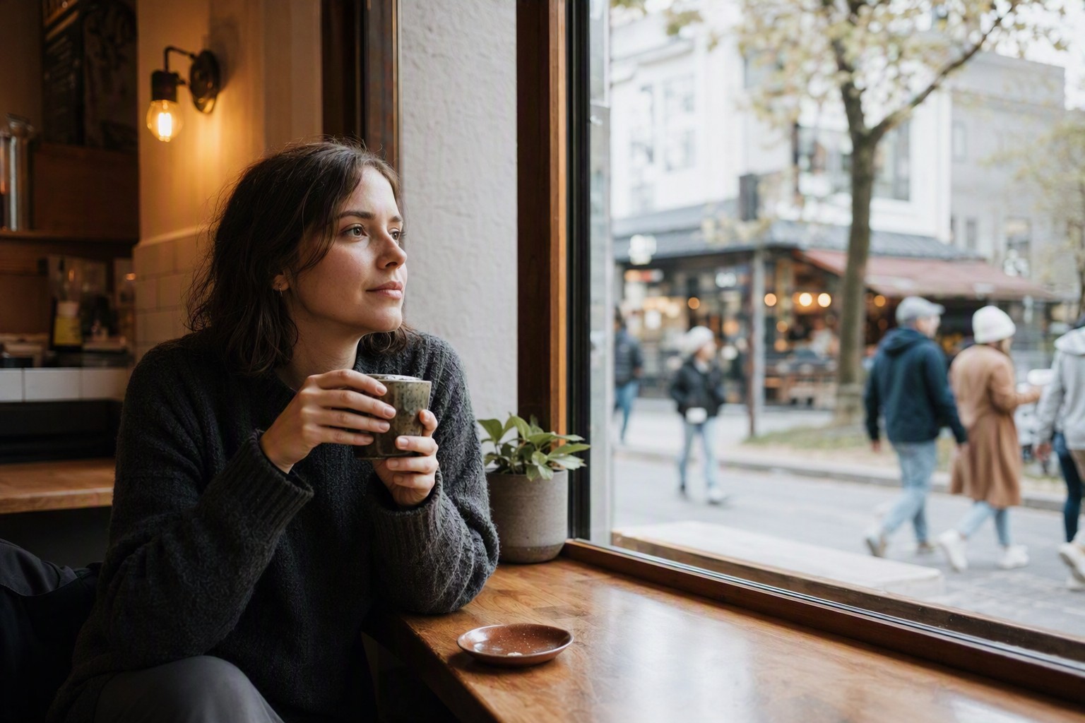 A woman sitting alone at a cafe window seat with a cup of coffee, watching people walk past on the street outside