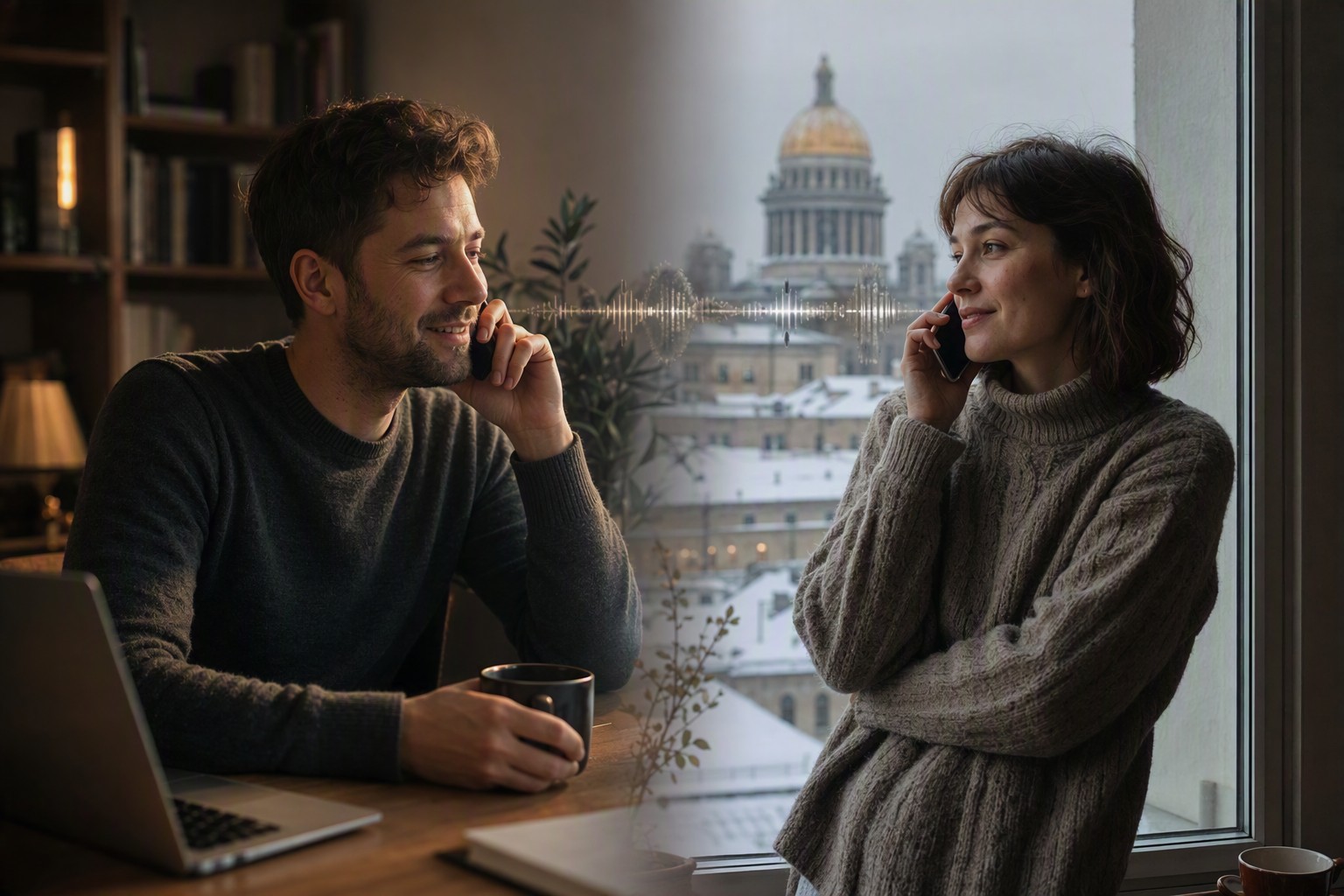 A person on an evening voice call by a window, having a conversation with someone from Russia.