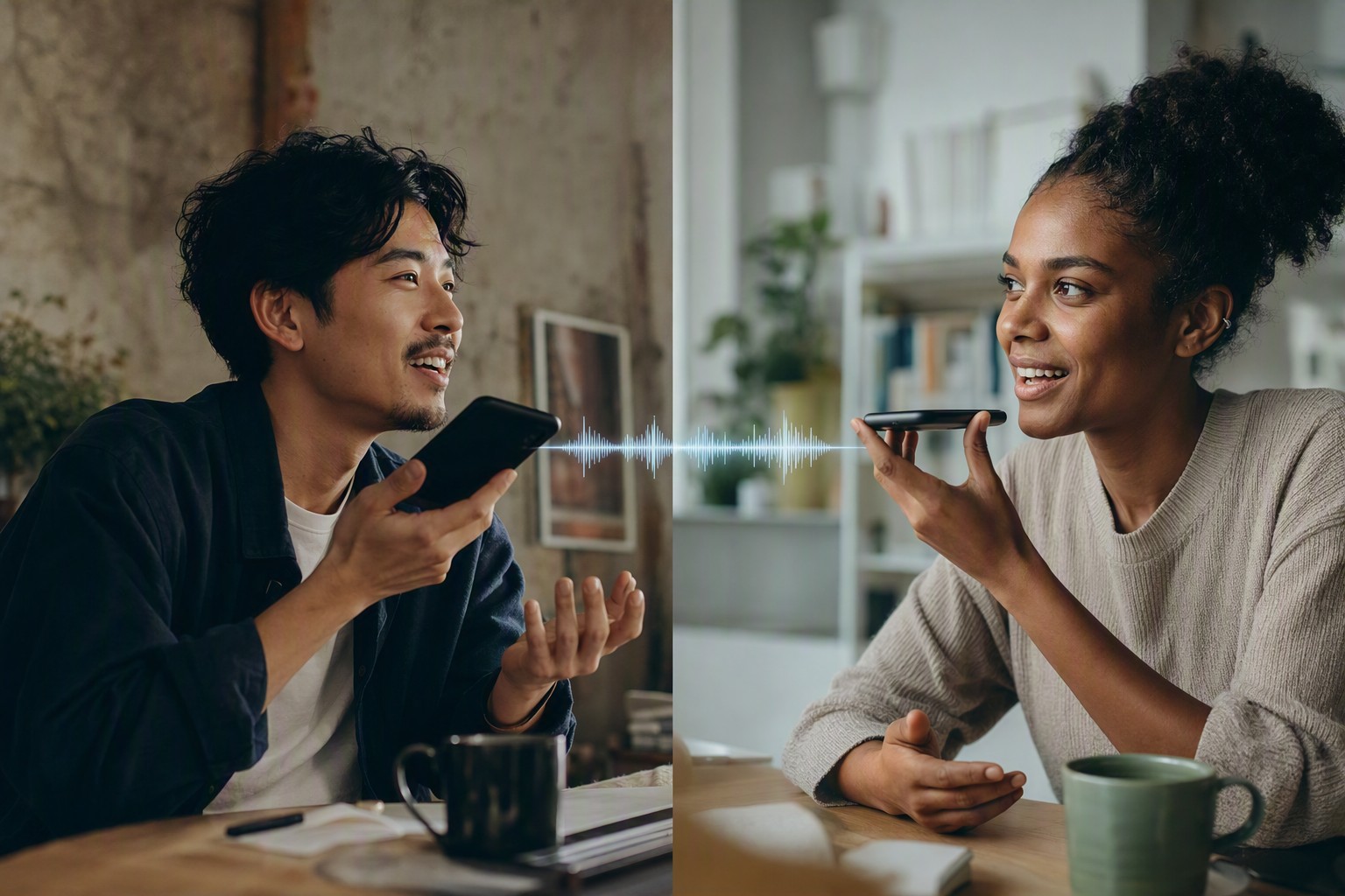 A person relaxing at home on a voice call, talking with someone in America across time zones.