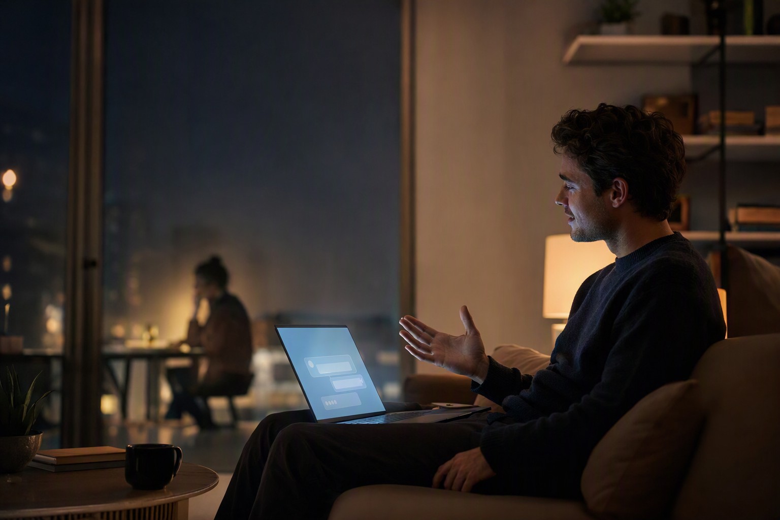 A person typing a late-night vent into a chatbot, phone glowing in a dark room