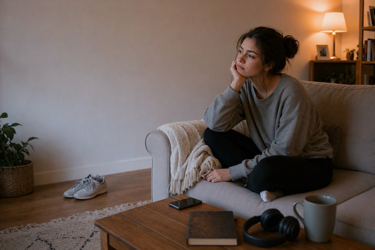 A person alone at home on the sofa, phone in hand, deciding what to do with a bored evening.