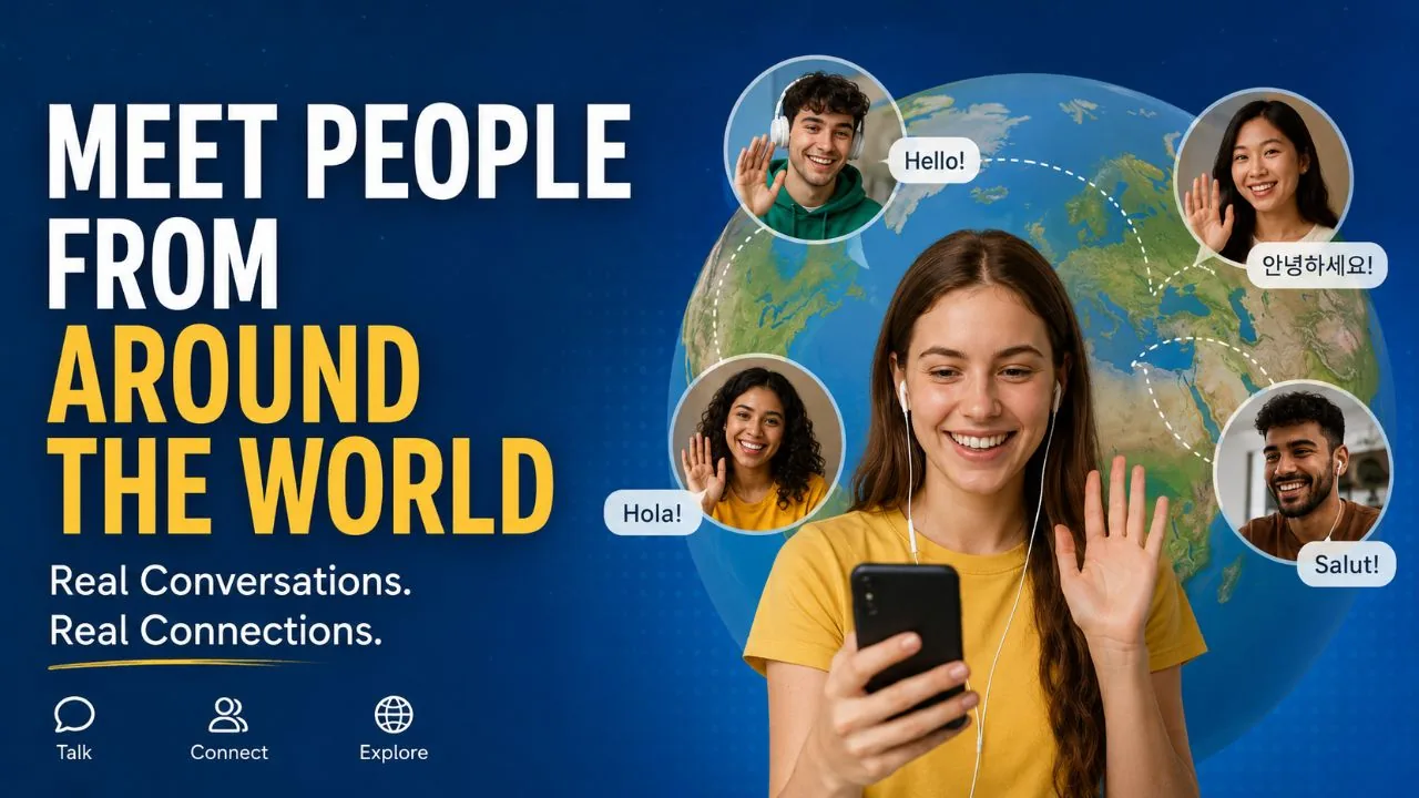Meet people from around the world on Mindfuse: real conversations, real connections. A woman on her phone waving to people from different countries saying hello, hola, salut, and annyeonghaseyo.