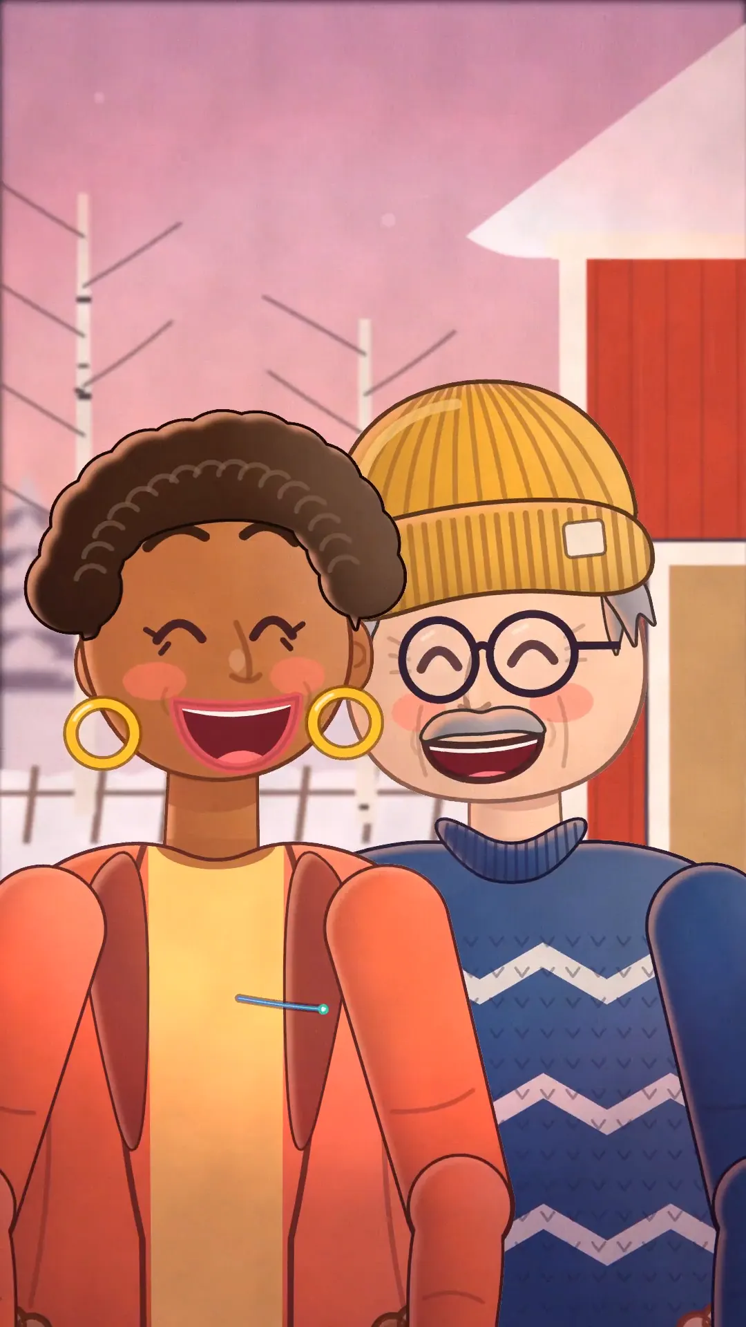An animated young woman with gold hoop earrings and an older man in a yellow knitted hat laugh together in the snow outside their red and yellow houses.