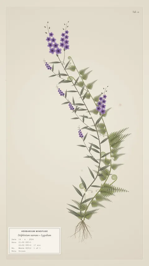 Herbarium: a botanical plate of a slender plant with purple flowers and fern-like leaves.