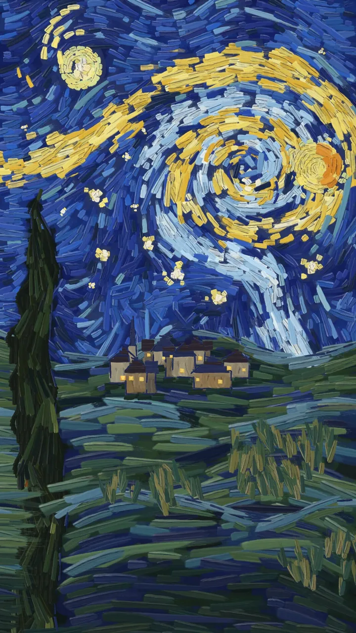 Nocturne, from a lively conversation: swirling strokes of cobalt and chrome yellow coil into one bright whirl above a flame-like cypress and a small village with lit windows.